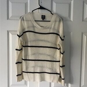 Bobeau Ivory and Black Striped Crew Neck Sweater